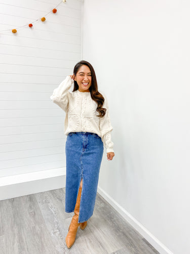 HEART MOTIF CABLE KNIT LONG SLEEVE KNIT SWEATER