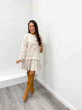 Load image into Gallery viewer, LONG SLEEVE HENLEY RUFFLE HEM MINI SWEATER DRESS
