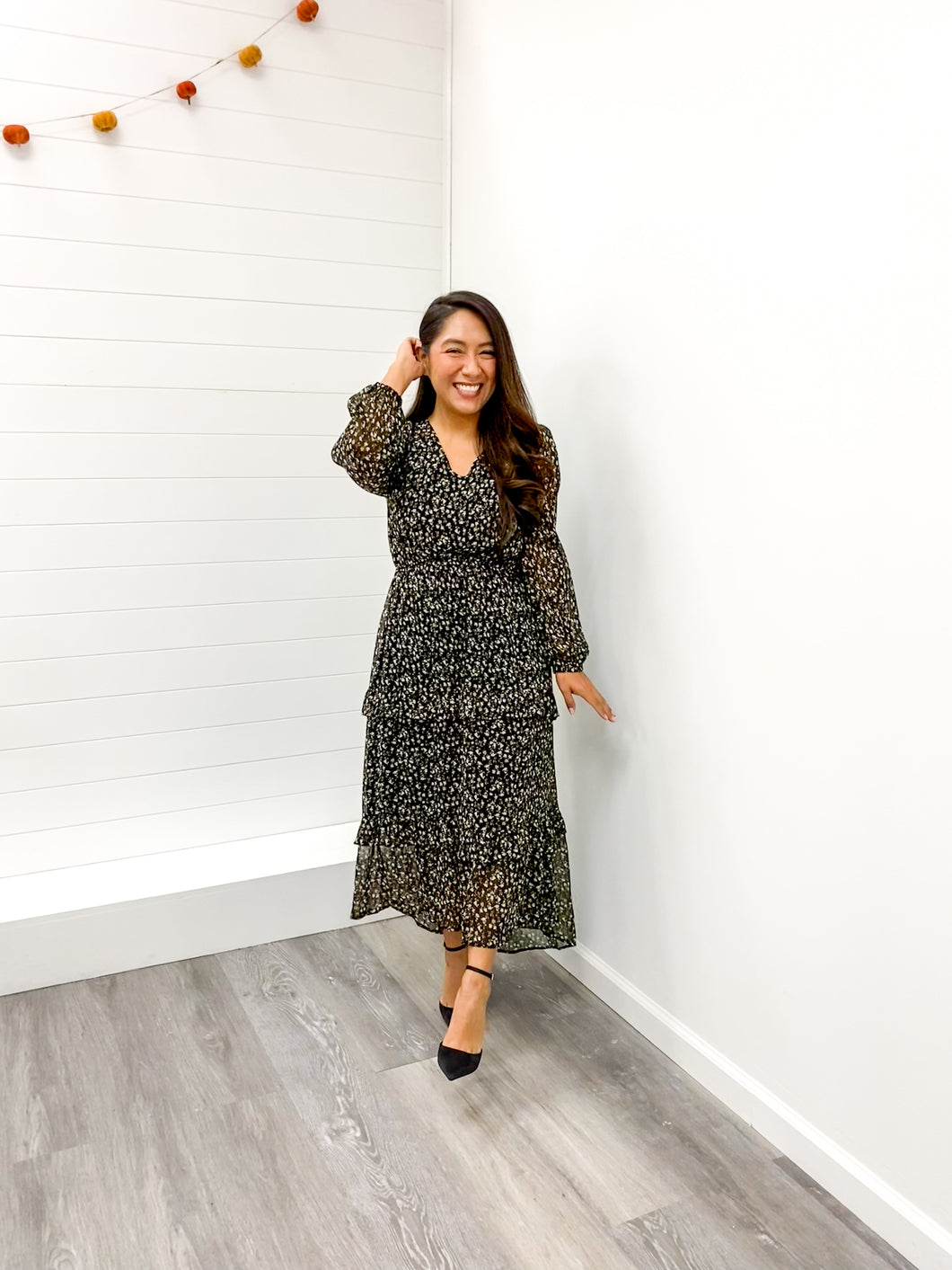 RUFFLE DETAIL TIERED CHIFFON MAXI DRESS