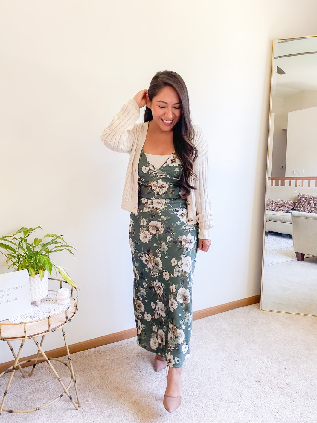 SATIN FLORAL PRINT MIDI DRESS