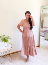 Load image into Gallery viewer, SPLIT NECK TIERED MIDI DRESS
