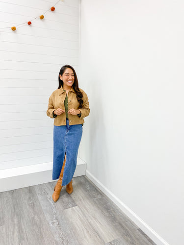 SUEDE COLLARED BUTTON DOWN CROPPED JACKET