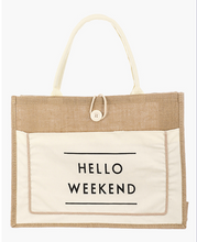 Load image into Gallery viewer, Hello Weekend Burlap Tote Bag
