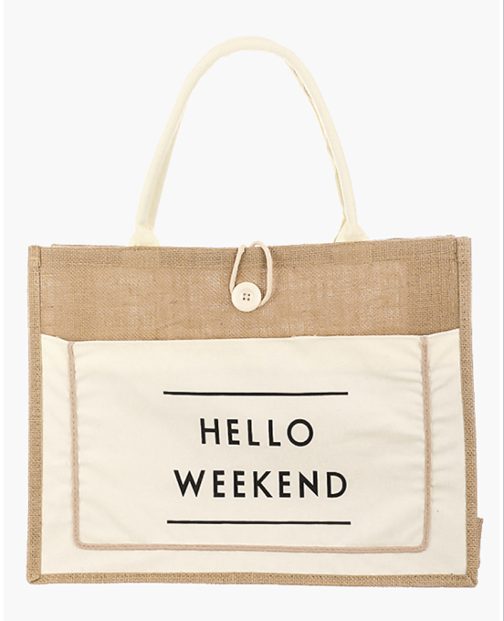 Hello Weekend Burlap Tote Bag