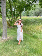 Load image into Gallery viewer, THE ADDISON SHEER FLORAL PUFF SLEEVE FRONT TIE MIDI DRESS
