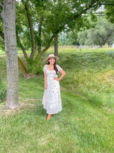 Load image into Gallery viewer, THE ADDISON SHEER FLORAL PUFF SLEEVE FRONT TIE MIDI DRESS
