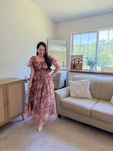 Load image into Gallery viewer, THE SORAYA FLORAL POLKA DOT TULLE PUFF SLEEVE MIDI DRESS
