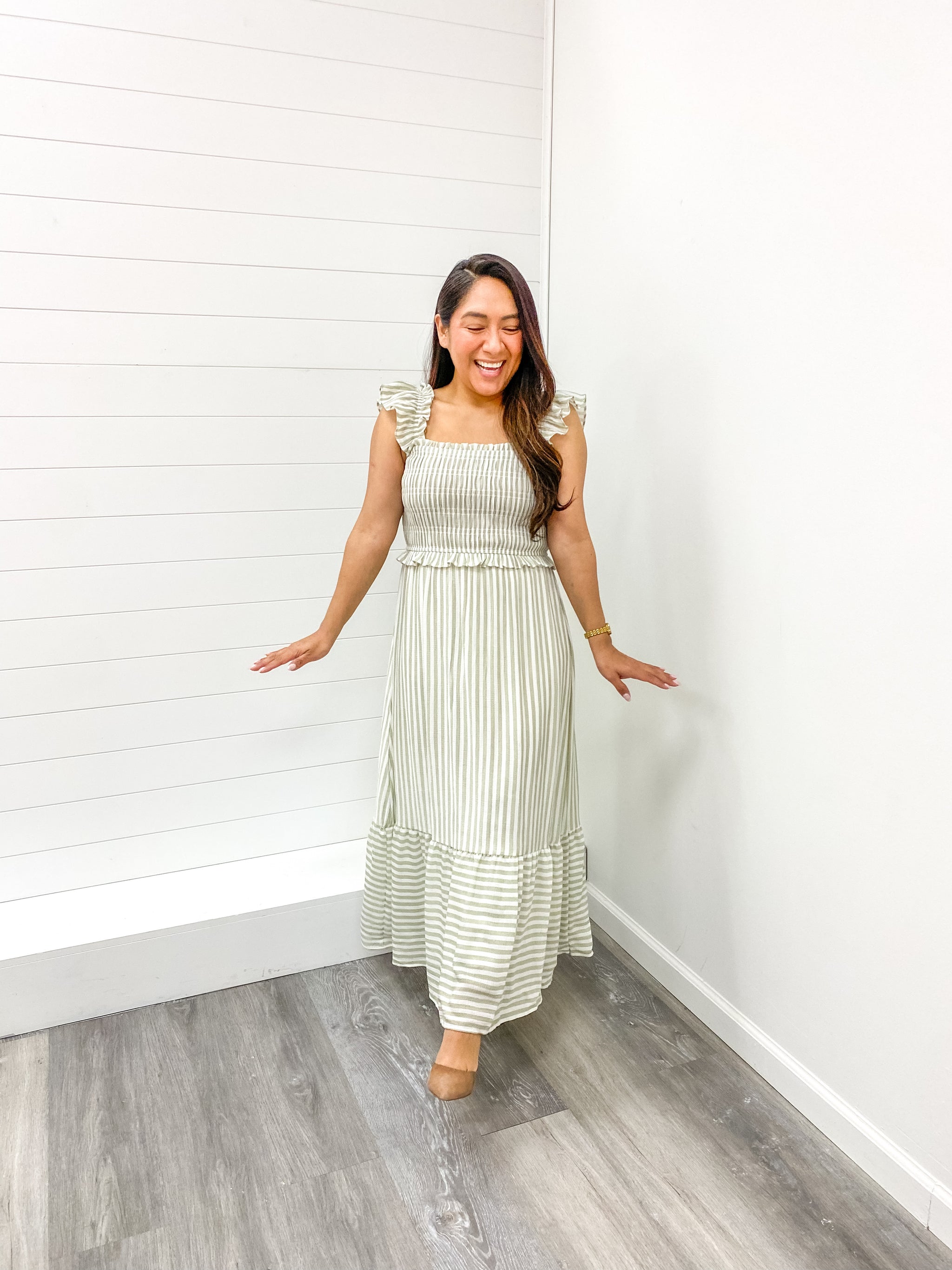 ruffle trim midi dress THE MADISON STRIPE SMOCKED RUFFLE TRIM MIDI DRESS – Shop Lana Grace
