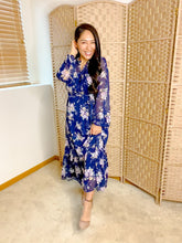 Load image into Gallery viewer, FLORAL SHEER LONG SLEEVE MIDI DRESS

