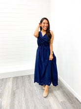 Load image into Gallery viewer, The Bianca Front Bow Tie Sleeveless Eyelet Hem Midi Dress
