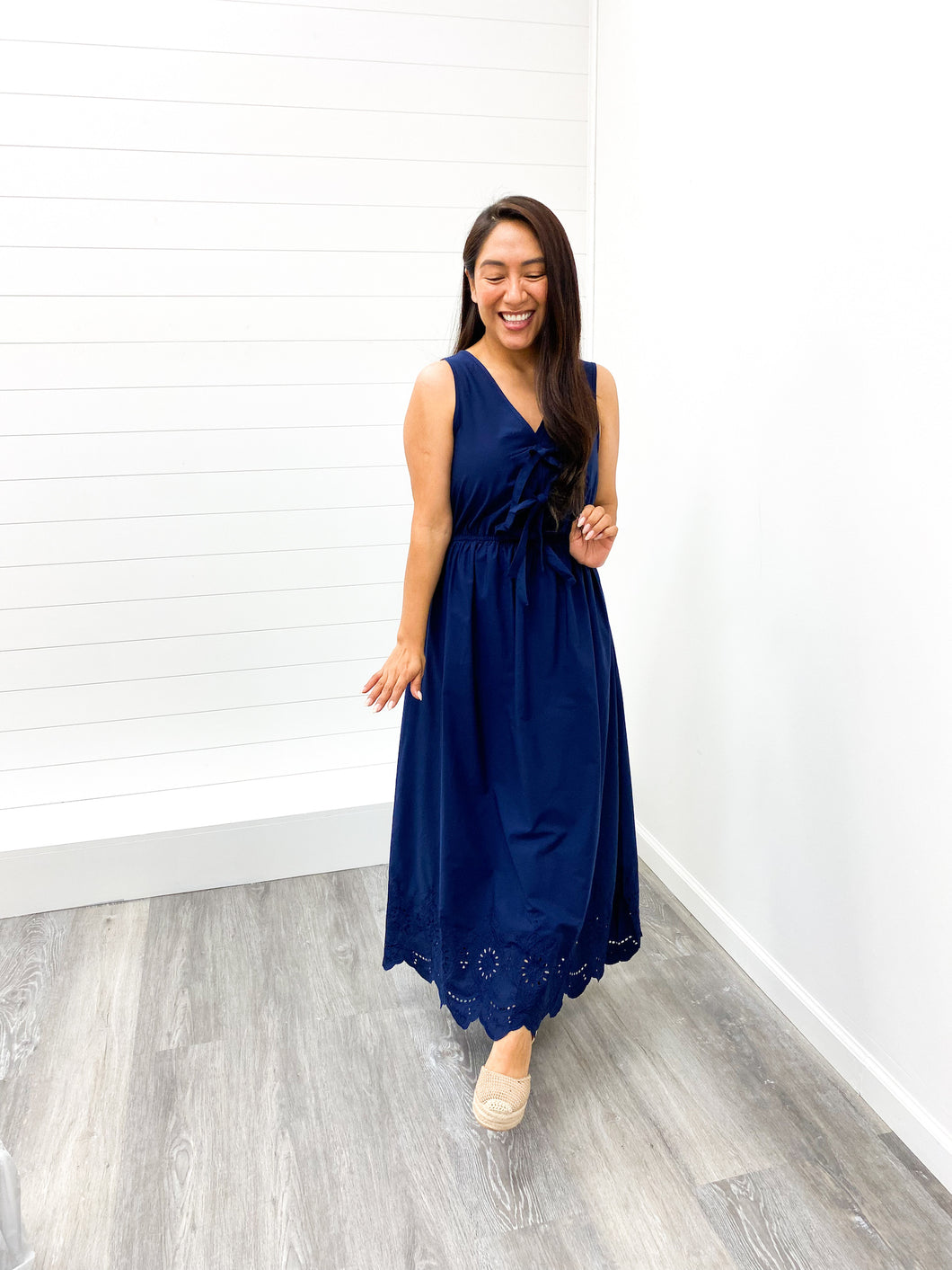 The Bianca Front Bow Tie Sleeveless Eyelet Hem Midi Dress