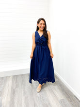 Load image into Gallery viewer, The Bianca Front Bow Tie Sleeveless Eyelet Hem Midi Dress
