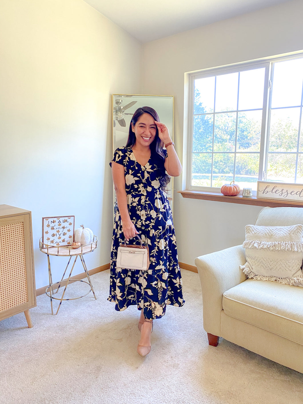 The Brandy Button Down Floral Tiered V Neck Midi Dress