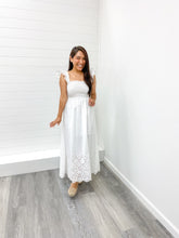 Load image into Gallery viewer, The Bridgett Smocked Ruffle Sleeve Eyelet Hem Midi Dress

