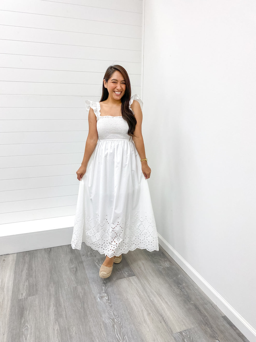 The Bridgett Smocked Ruffle Sleeve Eyelet Hem Midi Dress