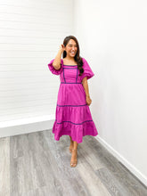 Load image into Gallery viewer, The Jane Plus Balloon Sleeve Smocked Back Contrast Binding Tiered Woven Midi Dress with Side Pockets
