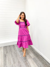 Load image into Gallery viewer, The Jane Plus Balloon Sleeve Smocked Back Contrast Binding Tiered Woven Midi Dress with Side Pockets
