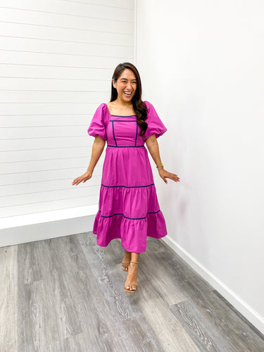 The Jane Plus Balloon Sleeve Smocked Back Contrast Binding Tiered Woven Midi Dress with Side Pockets