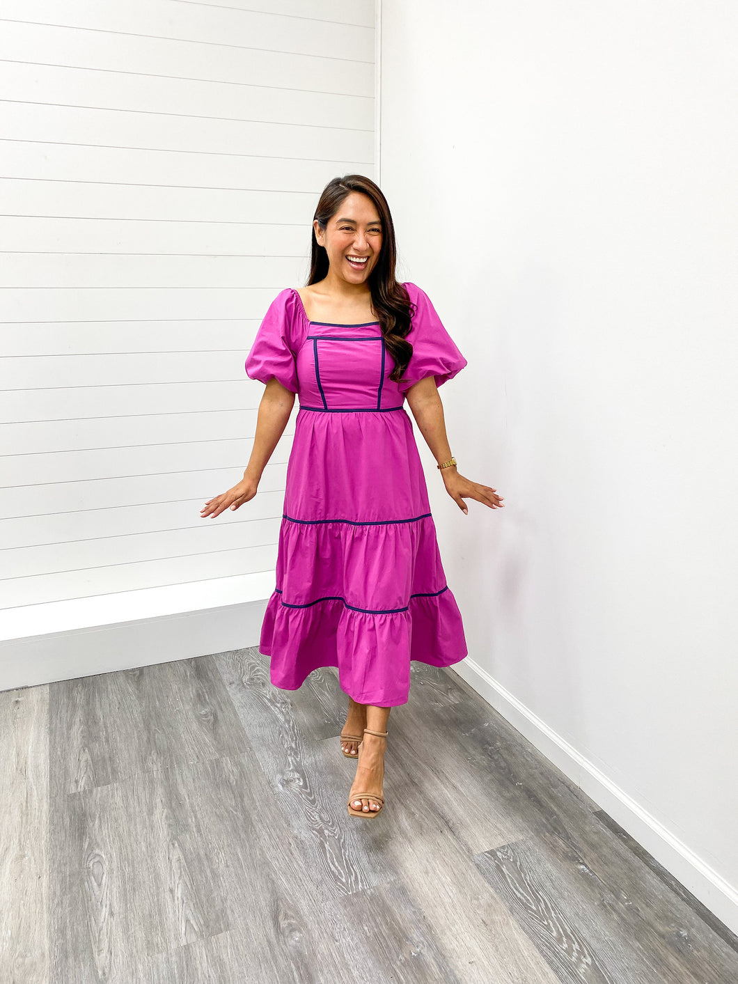 The Jane Plus Balloon Sleeve Smocked Back Contrast Binding Tiered Woven Midi Dress with Side Pockets