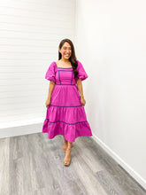 Load image into Gallery viewer, The Jane Plus Balloon Sleeve Smocked Back Contrast Binding Tiered Woven Midi Dress with Side Pockets
