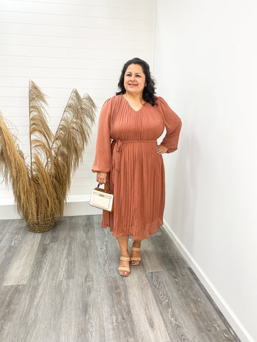 The Juliana Plus Long Sleeve Woven Pleated Midi Dress