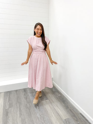 The Julianna Plus Drop Shoulder Striped Midi Dress with Pockets