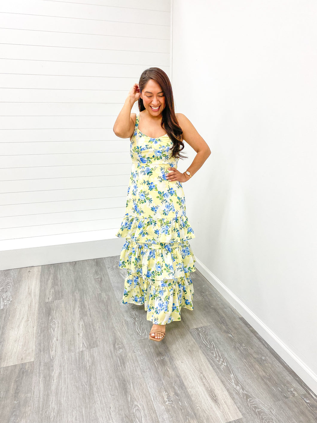 The Lily Floral Sleeveless Ruffle Tiered Hem Midi Dress 1