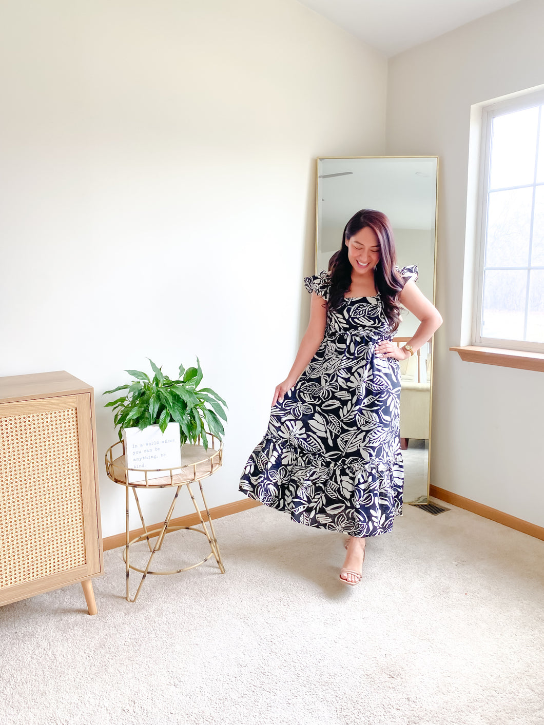 The Maxine Tropical Print Ruffle Detail Midi Dress