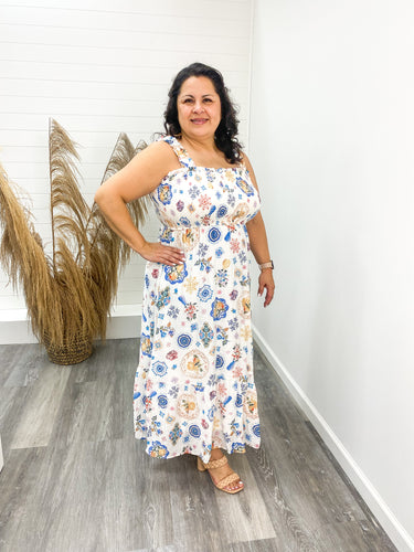 The Melanie Plus Fruit Print Smoked Sleeveless Midi Dress