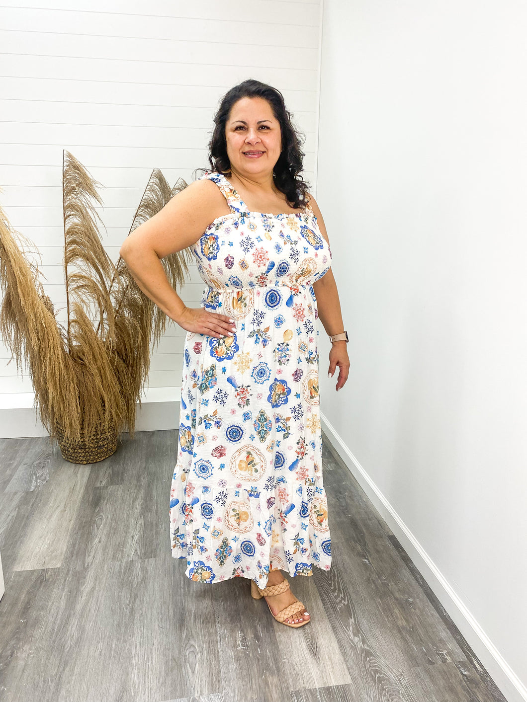 The Melanie Plus Fruit Print Smoked Sleeveless Midi Dress