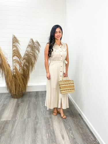 The Milena Collared Button Down Sleeveless Belted Midi Dress