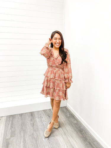 The Nancy Long Sleeve Woven Print Smocked Tiered Dress