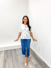 Load image into Gallery viewer, The Natalia Charming In White Cotton Babydoll Bow Tie Eyelet Top
