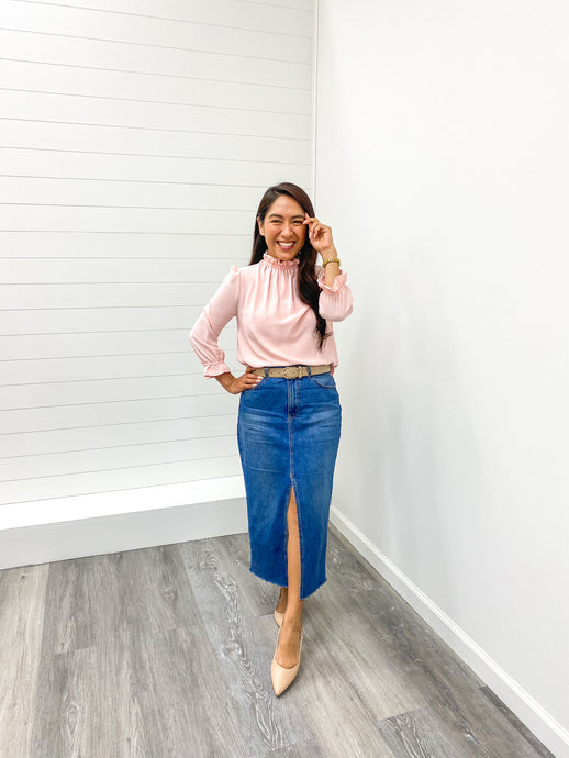 The Nelli Blush Frill Neck Woven Top