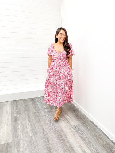 The Noelene Short Puff Sleeve Woven Print Midi Dress with Side Pockets