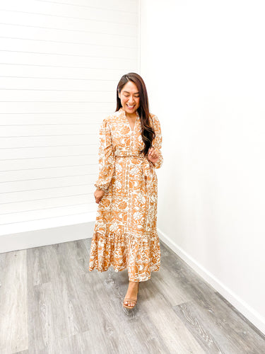 The Nora Long Sleeve Woven Print Tiered Midi Dress with Pockets