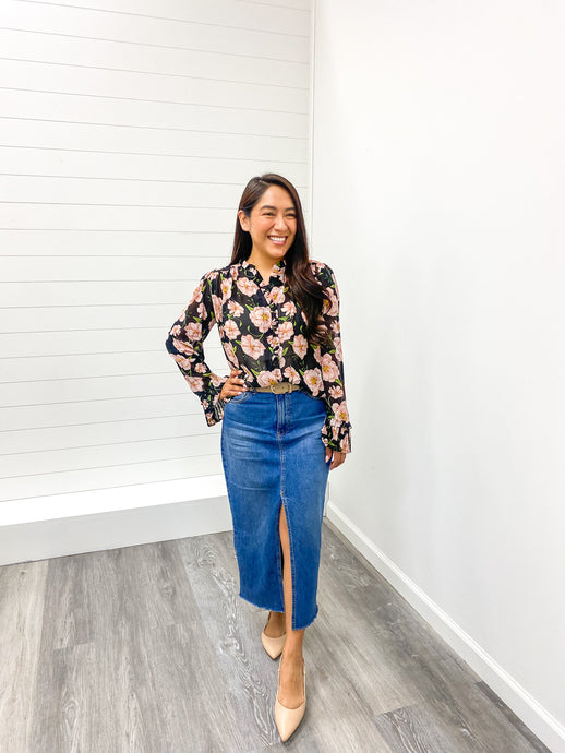 The Rose Black Floral Print Chiffon Blouse