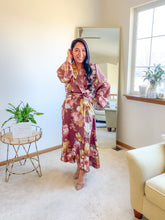 Load image into Gallery viewer, The Sarai Satin Floral Long Sleeve V-Neck Wrap Midi Dress
