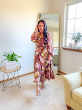 Load image into Gallery viewer, The Sarai Satin Floral Long Sleeve V-Neck Wrap Midi Dress 
