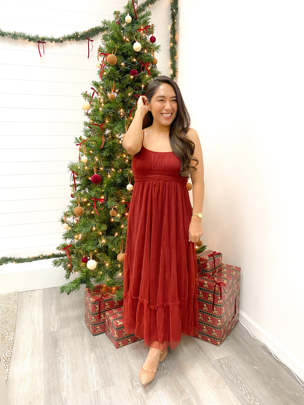 THE DAWN POLKA DOT TULLE STRAP MIDI DRESS