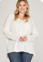 Load image into Gallery viewer, THE LACEY PLUS LONG SLEEVE V NECK KNIT TOP WITH POCKET AND SIDE SLITS
