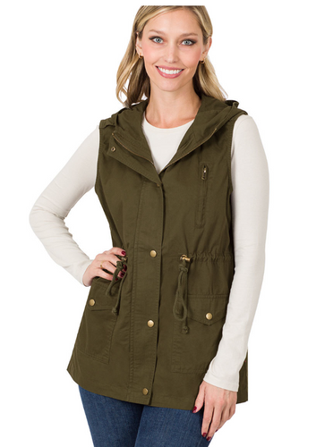 Plus drawstring waist military hoodie vest